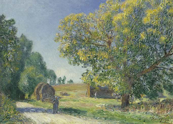 Impressionist Landscape with Figure and Haybales, alfred sisley painting