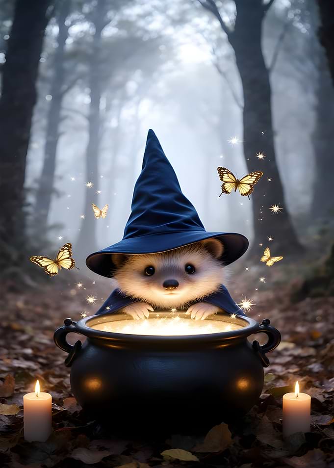 Hedgehog Wizard with Cauldron in Forest
