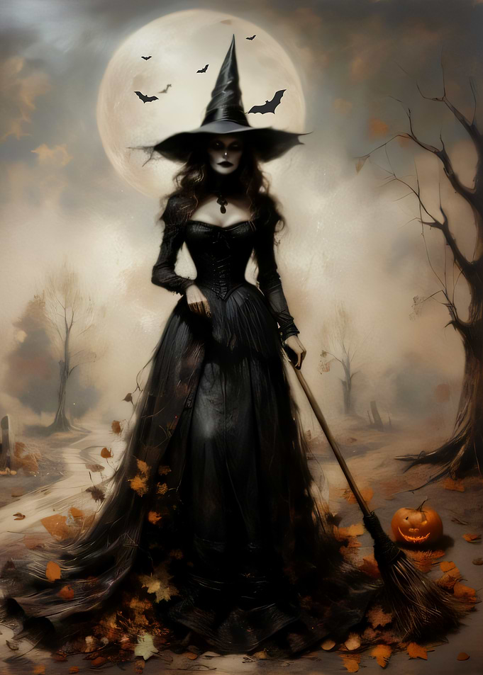 Elegant Witch with Broom and Pumpkin