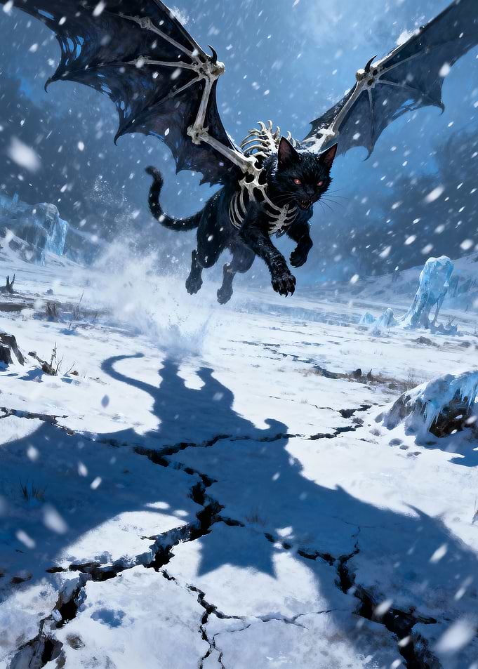 Winged Skeleton Cat in Snowy Landscape