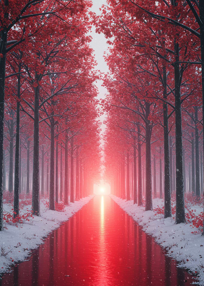 Red Forest Path in Winter