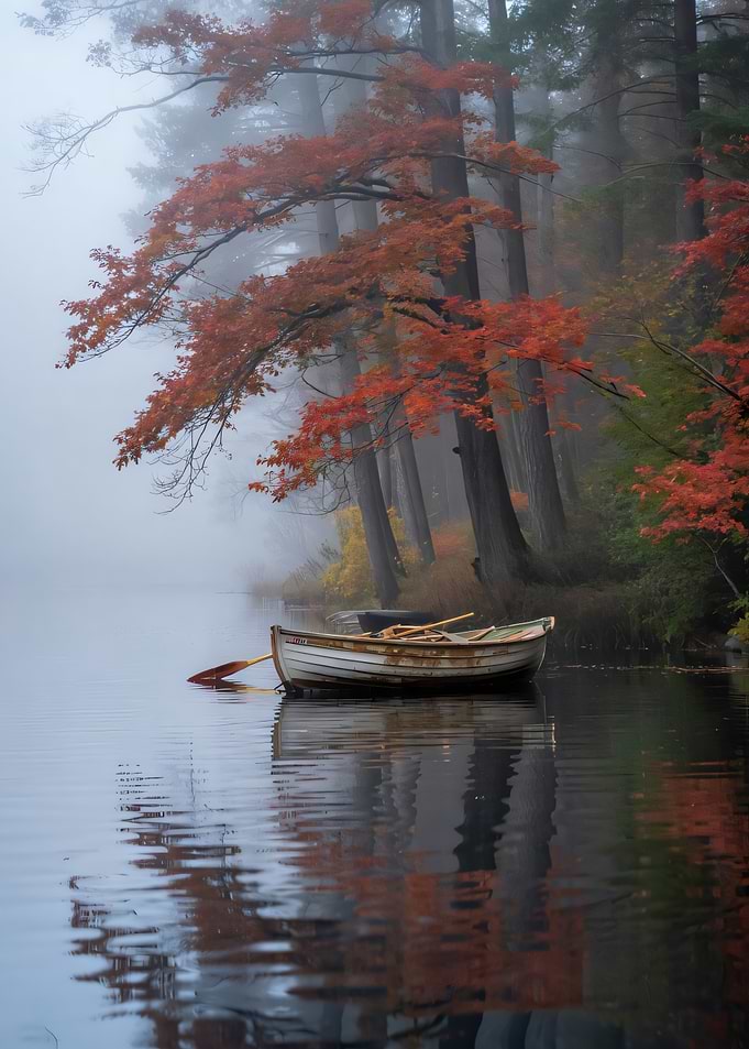 Autumn Lake Boat Scene