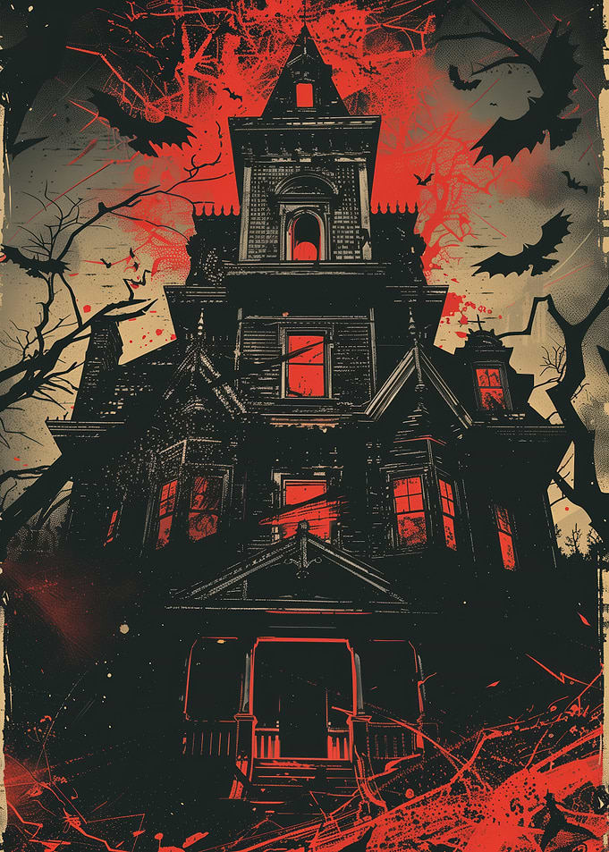 Haunted gothic mansion with glowing red windows