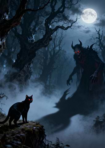 Black Cat and Demon in Moonlight