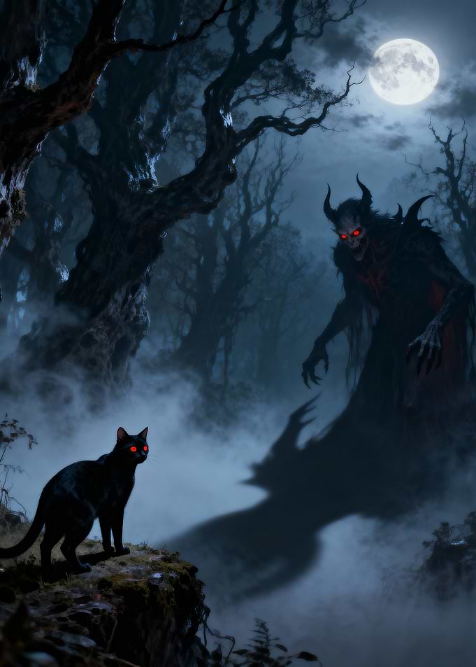 Black Cat and Demon in Moonlight