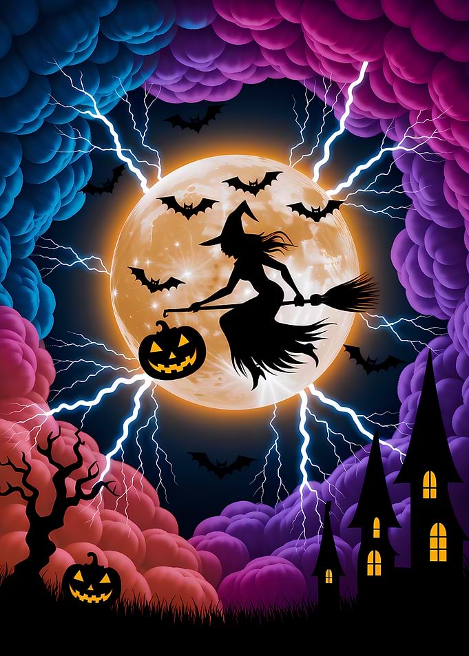 Halloween Witch Flying with Pumpkin