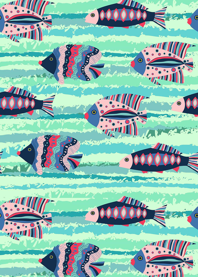 Colorful Fish Pattern on Striped Background