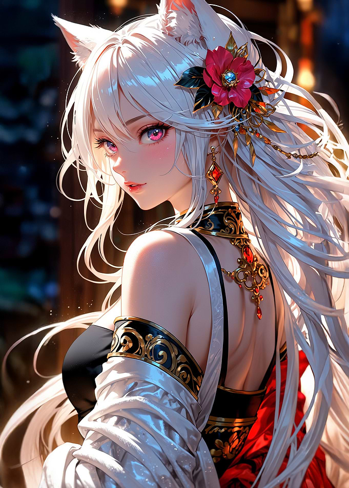 Anime Girl with Fox Ears and Flower