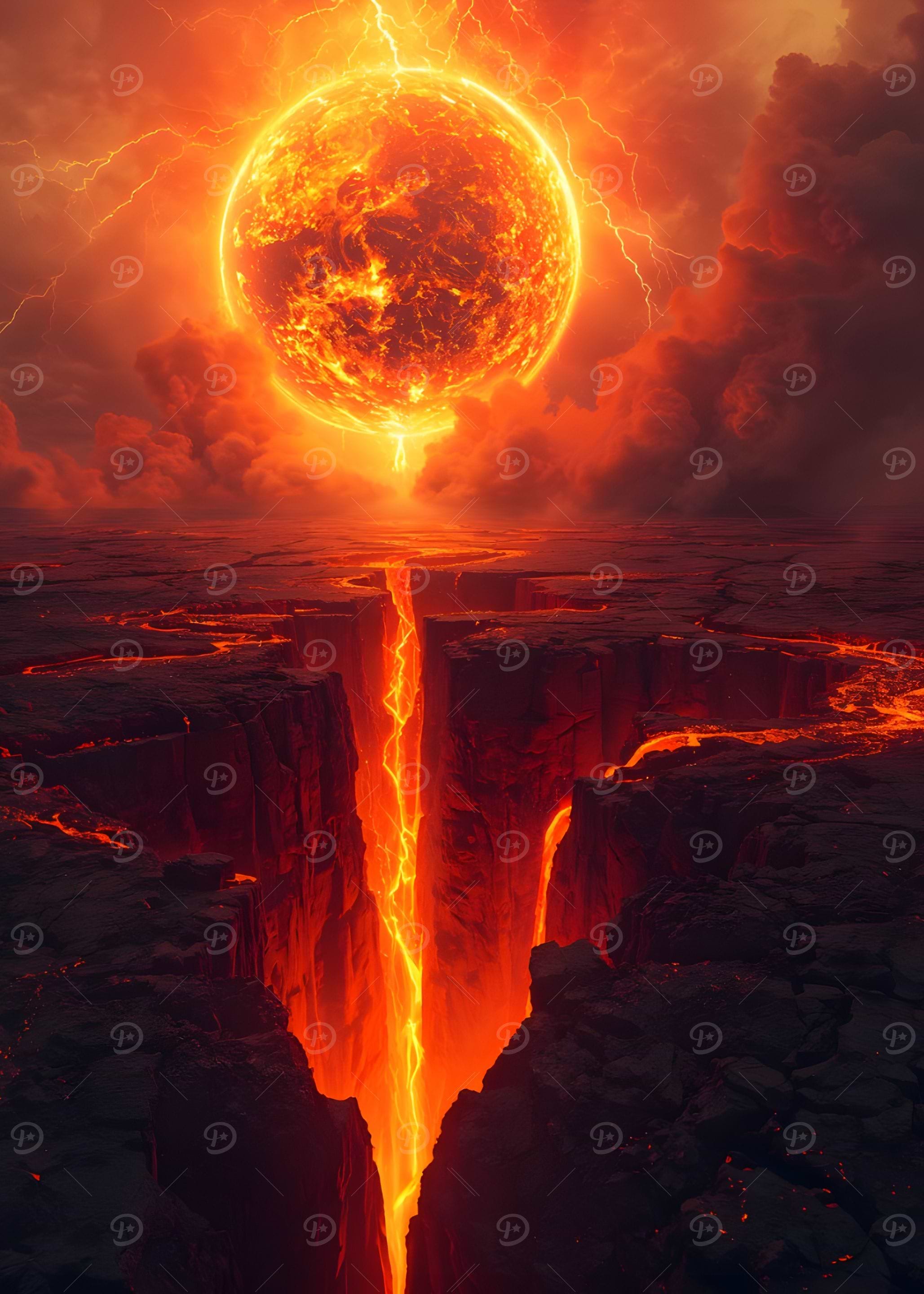 Fiery Planet over Volcanic Landscape