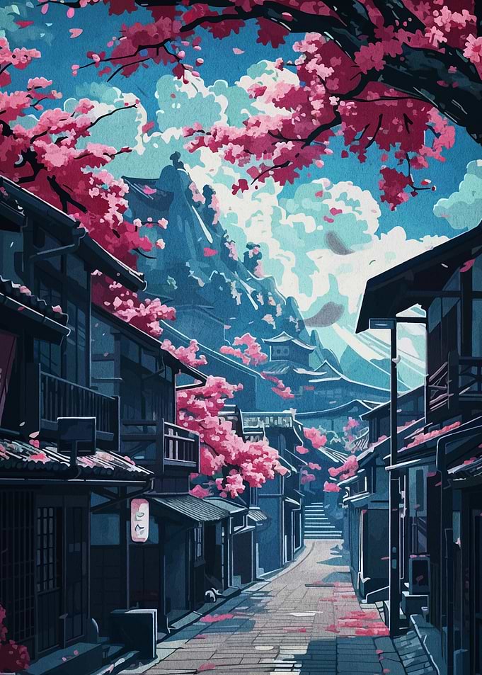 Japanese street with cherry blossoms