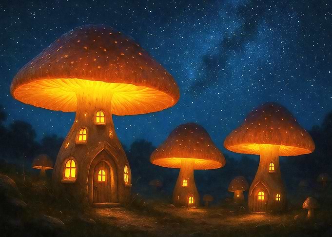 Glowing Mushroom Houses Under Starry Sky