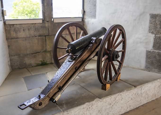 Antique Cannon Inside Stone Building