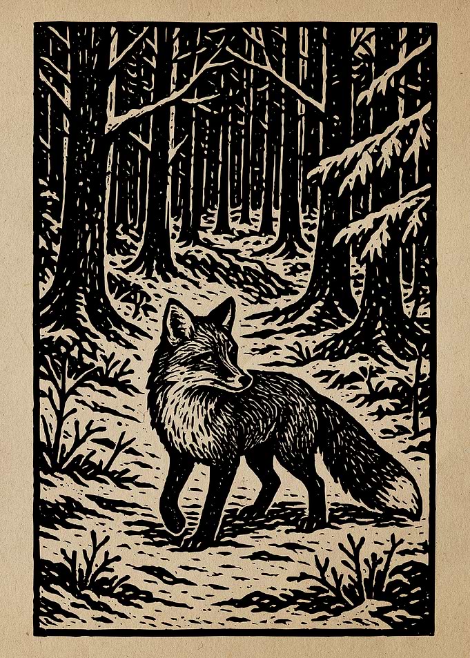 Fox in Forest Woodcut Illustration