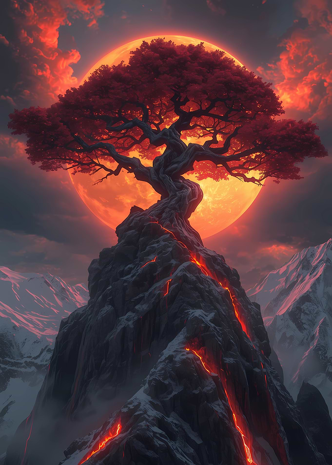 Volcanic Tree Under Fiery Sky