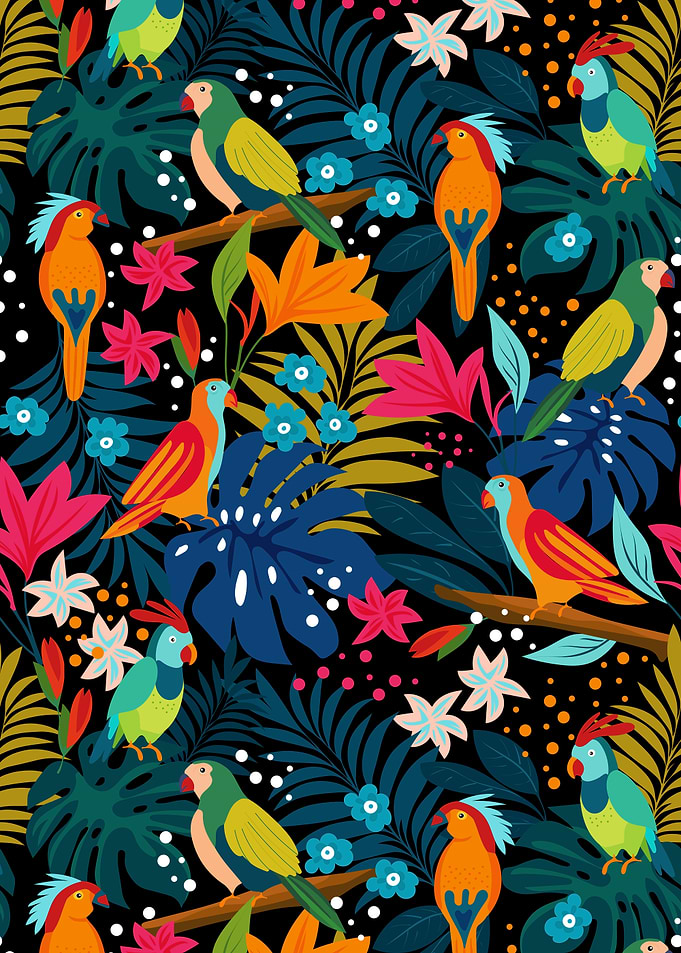 Tropical Parrots and Foliage Pattern