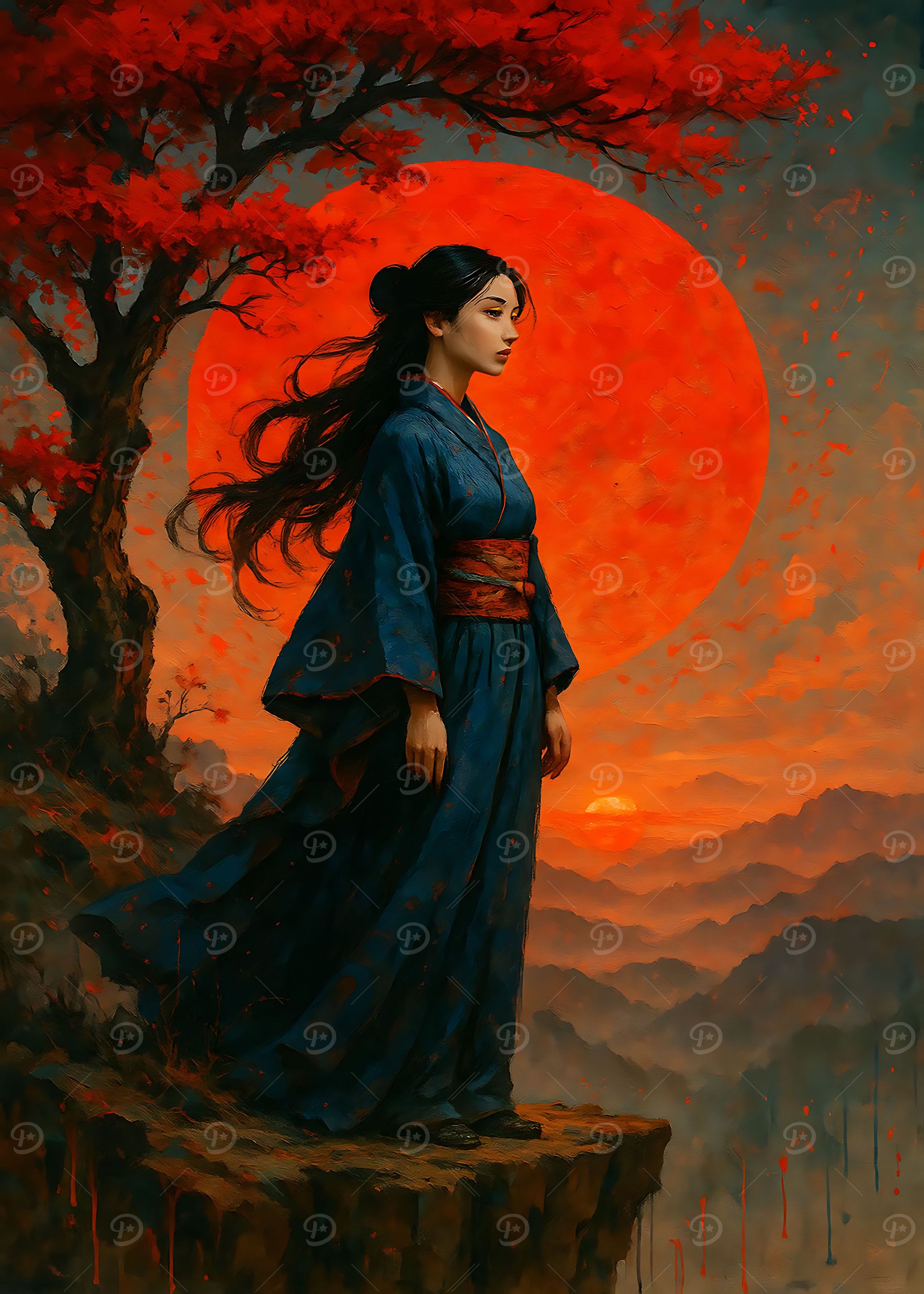 Woman in Kimono with Red Moon