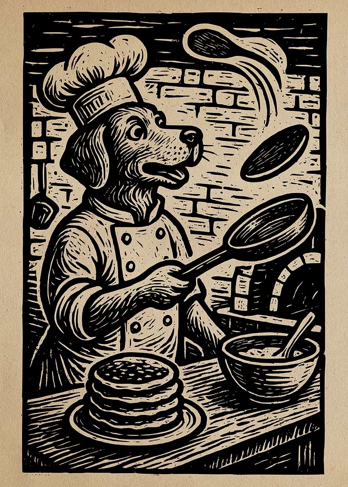 Dog Chef Flipping Pancakes Illustration