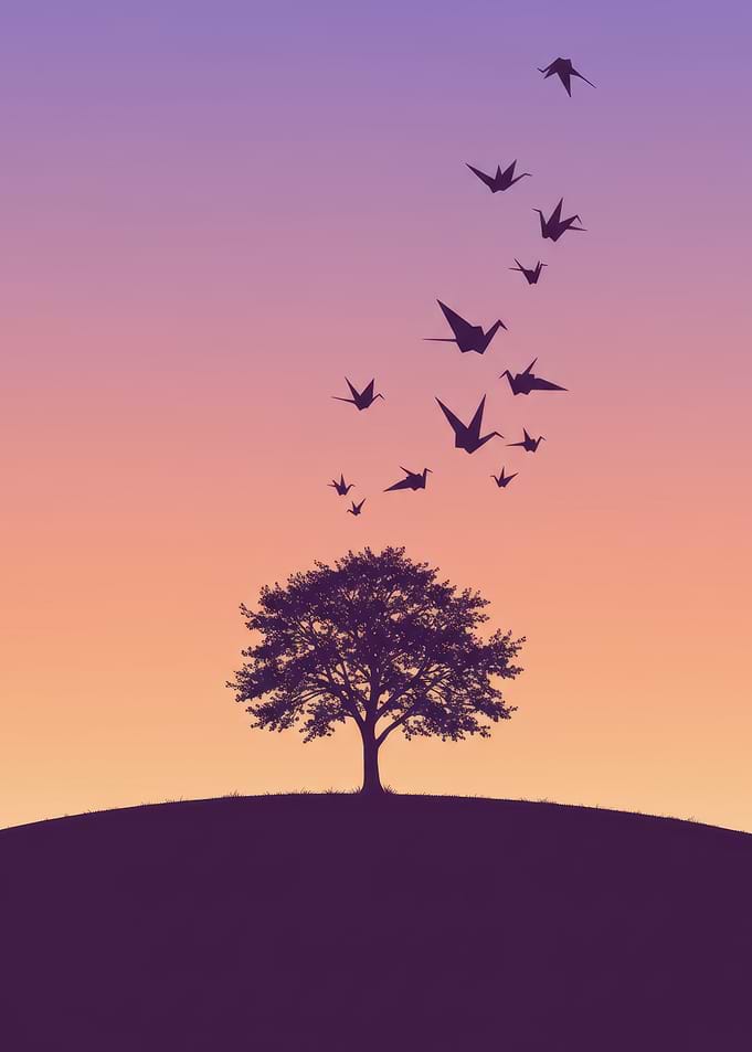 Tree and Origami Birds at Sunset