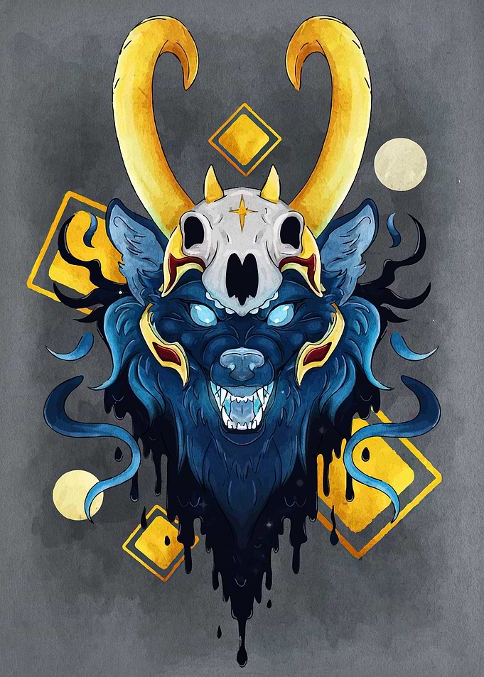 Horned Wolf Skull Digital Art