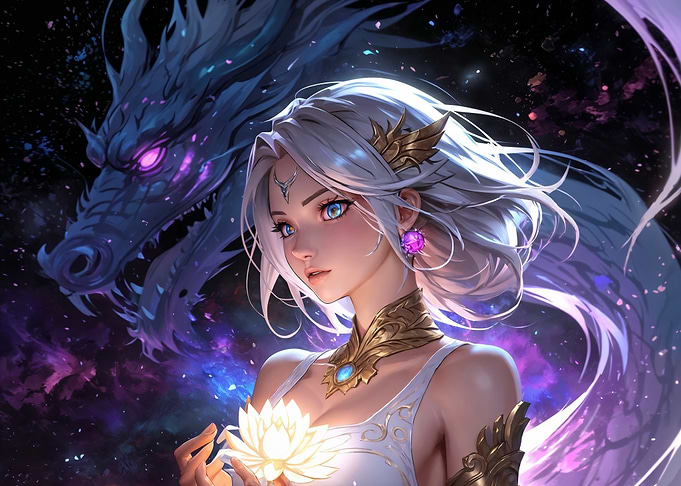 Fantasy Woman with Dragon and Lotus