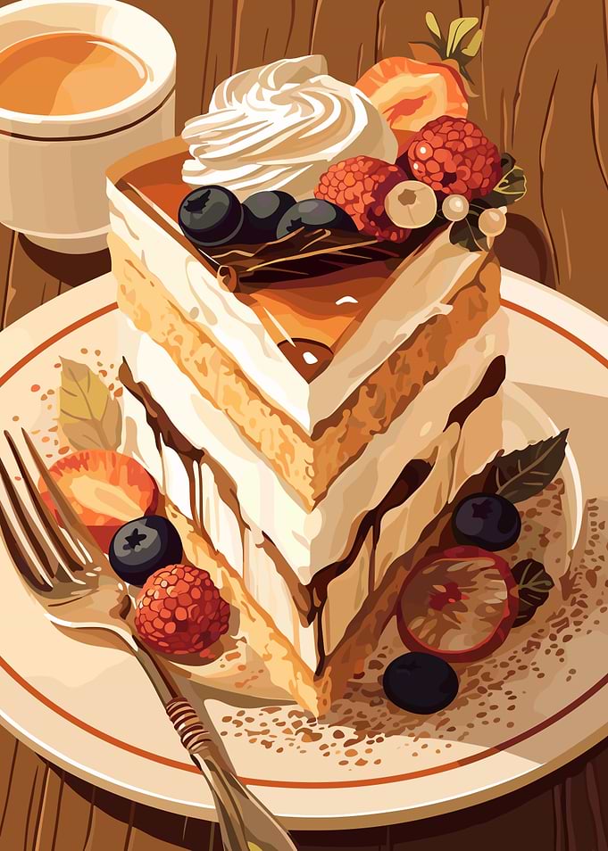 Delicious Cake Slice with Berries and Coffee