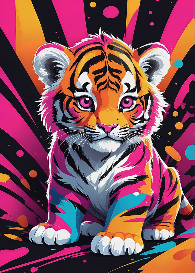 Neon Tiger Cub Splash — Kids Wall Art