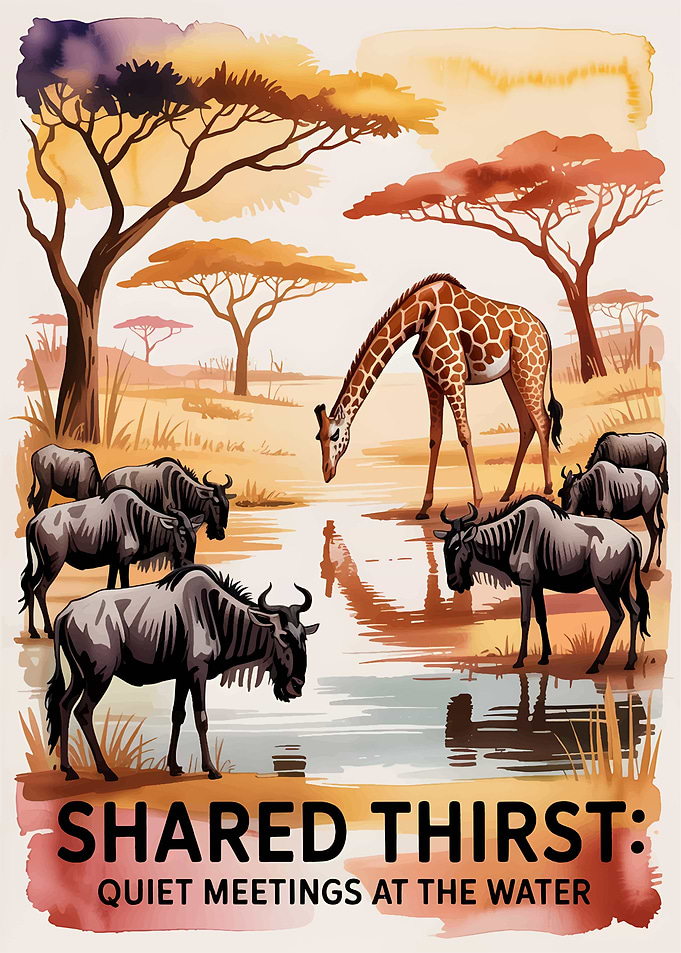Watercolor African Wildlife at Watering Hole