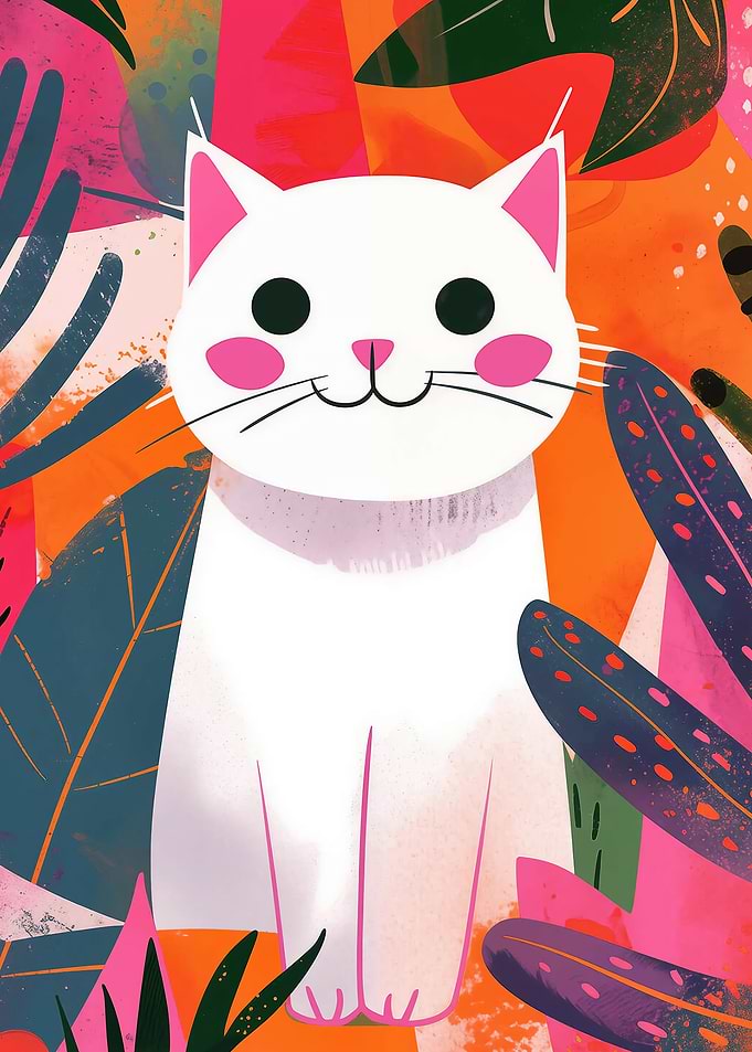 Cute White Cat with Colorful