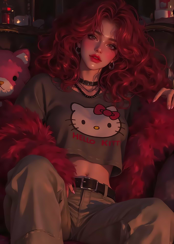Red-haired girl with Hello Kitty shirt