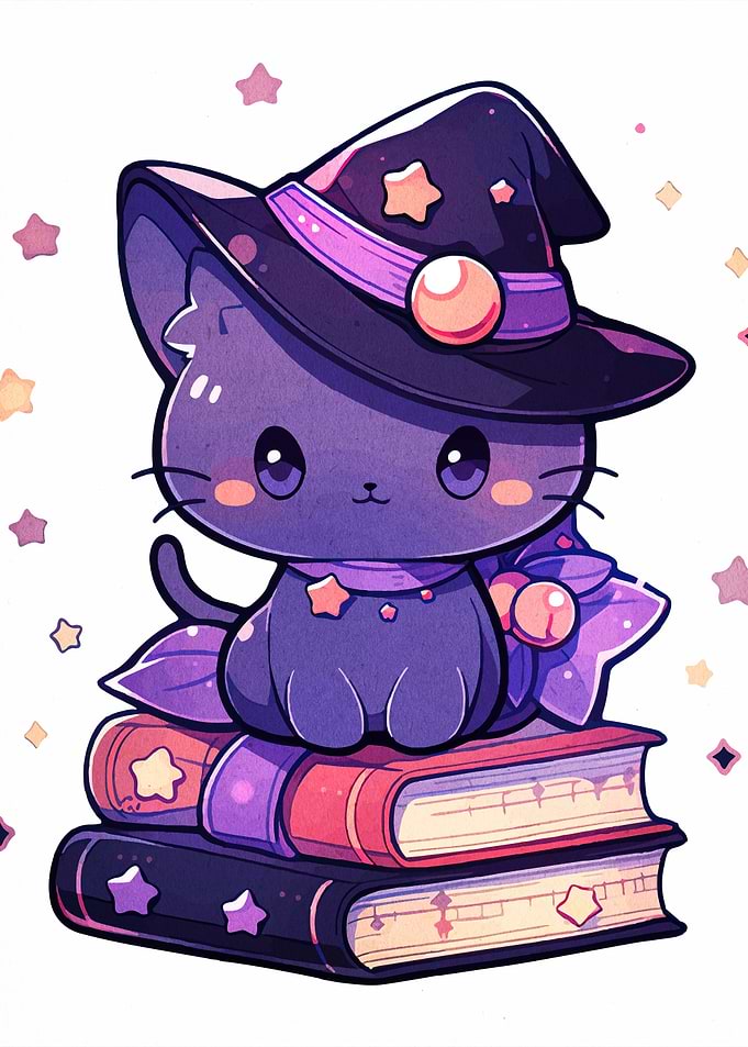Cute Witch Cat on Books