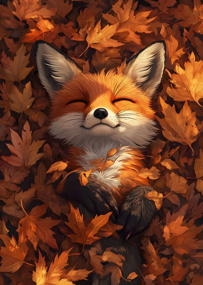 Fox Sleeping in Autumn Leaves