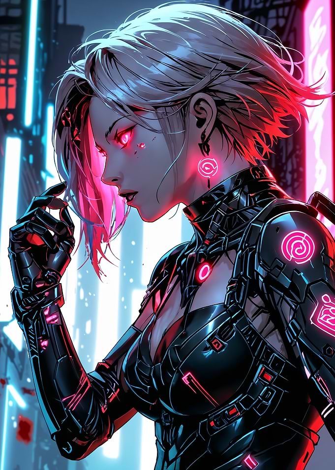Cyberpunk Woman with Glowing Red Eyes