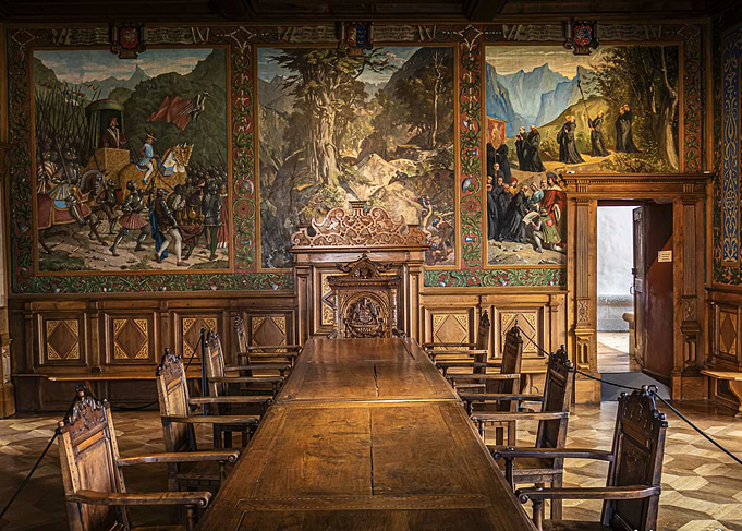 Medieval Hall with Tapestries and Table