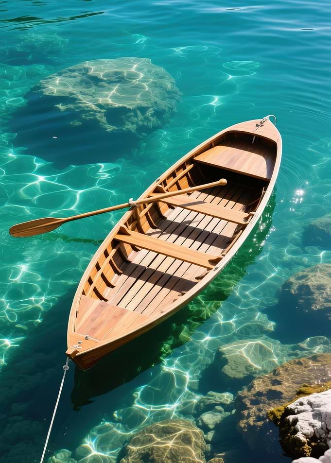 Wooden Boat on Clear Turquoise Sea Water