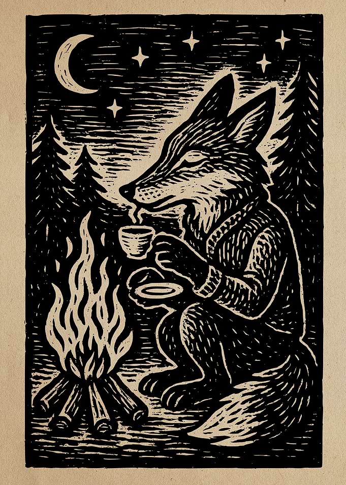 Fox by Campfire Drinking Tea