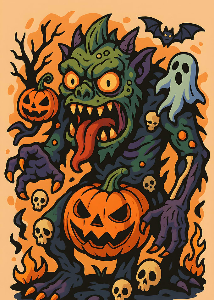 Halloween Monster with Pumpkins and Ghost