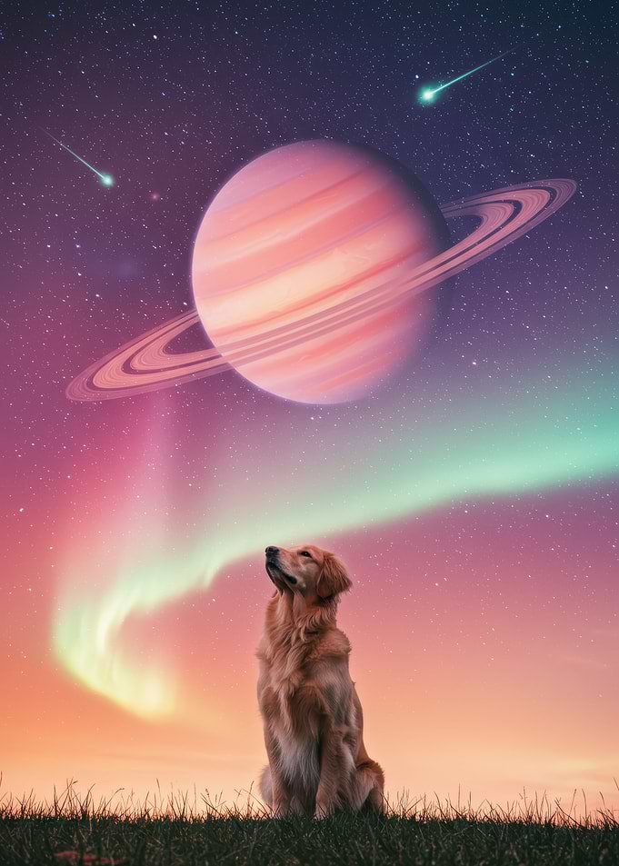 Dog Gazing at Space Aurora