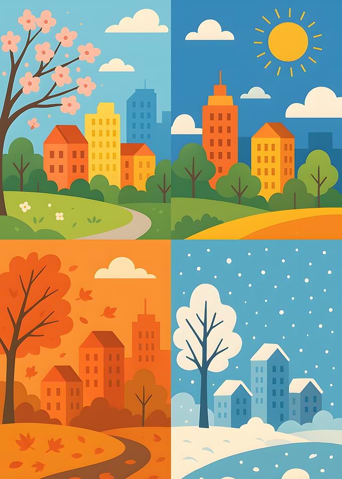 Four Seasons Cityscape Illustration