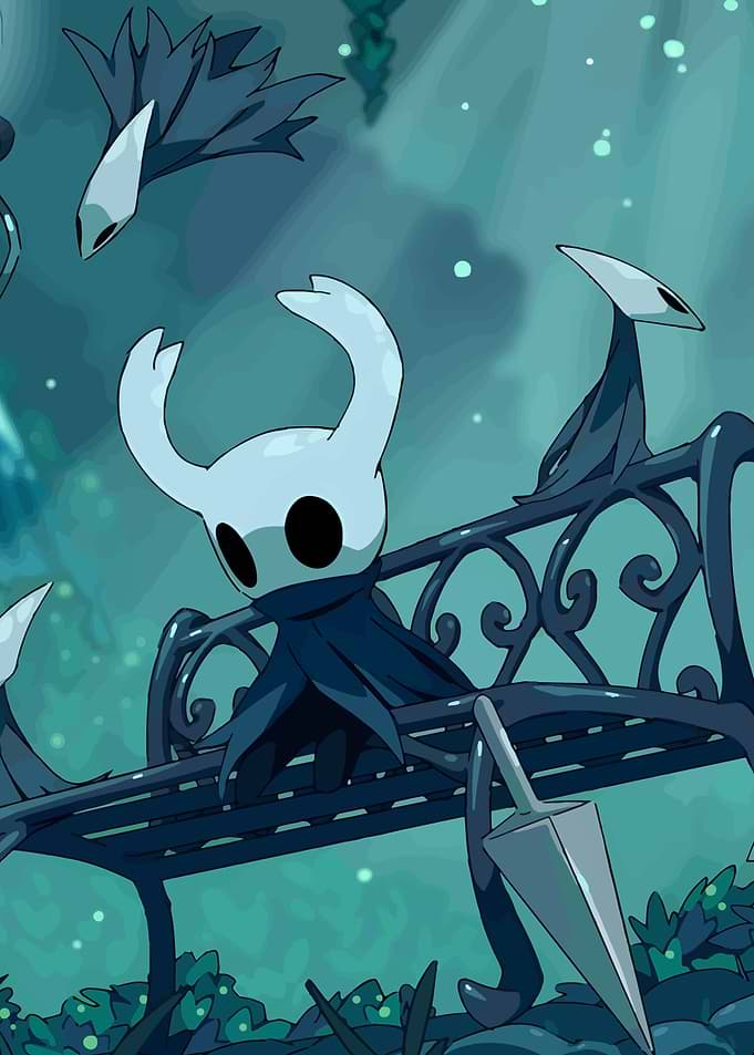 Hollow Knight on a bench