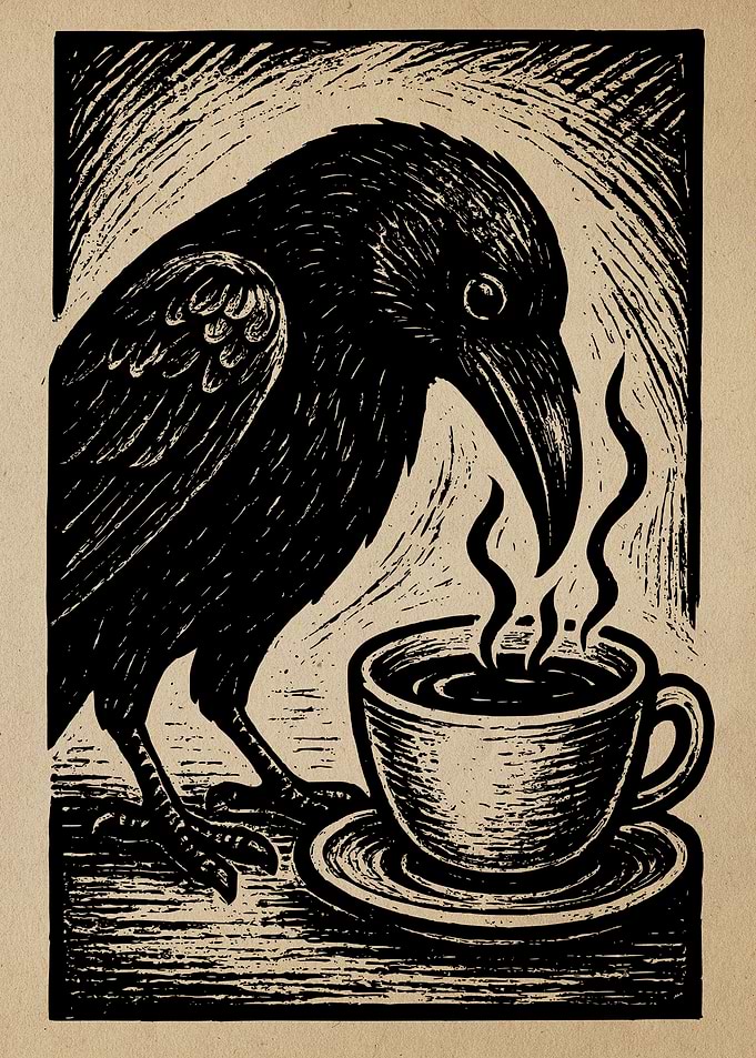 Raven with Coffee Cup Woodcut Print