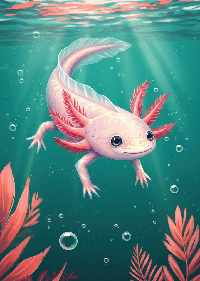 Cute Axolotl in Teal Water