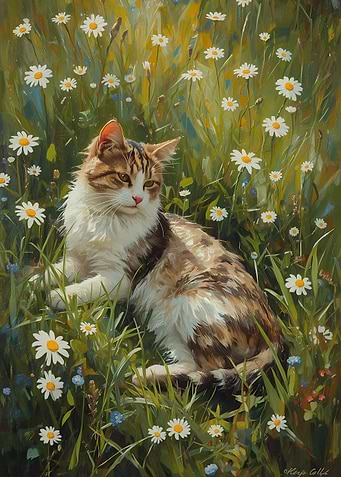 Cat in a field of daisies