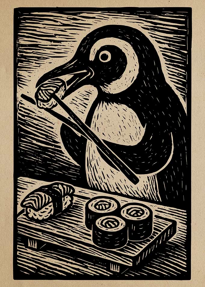 Penguin eating sushi woodcut illustration