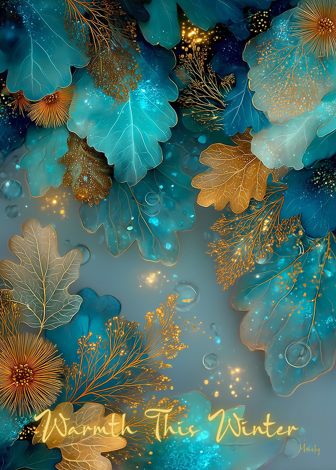 Warmth This Winter – Golden Blue Botanical Winter Art