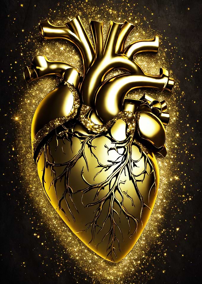 Golden Anatomical Heart with Glittering Sparkles