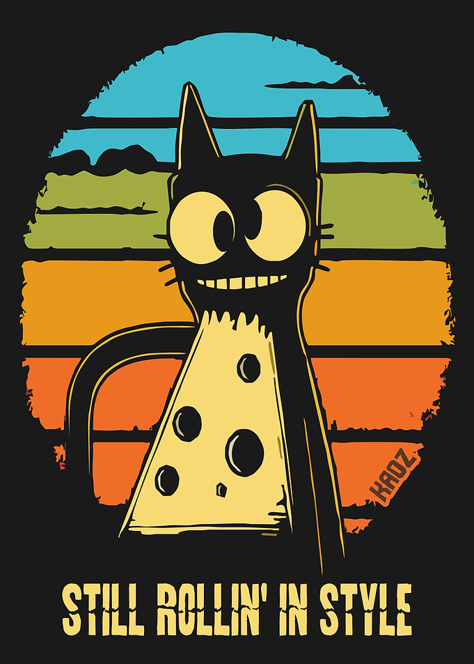 Cat with Pizza Slice Retro Design