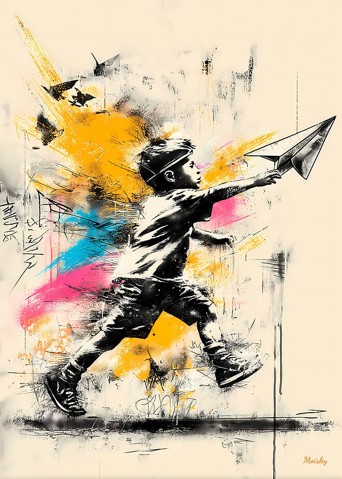 Urban Dreams – Boy with Paper Plane Street Art Poster