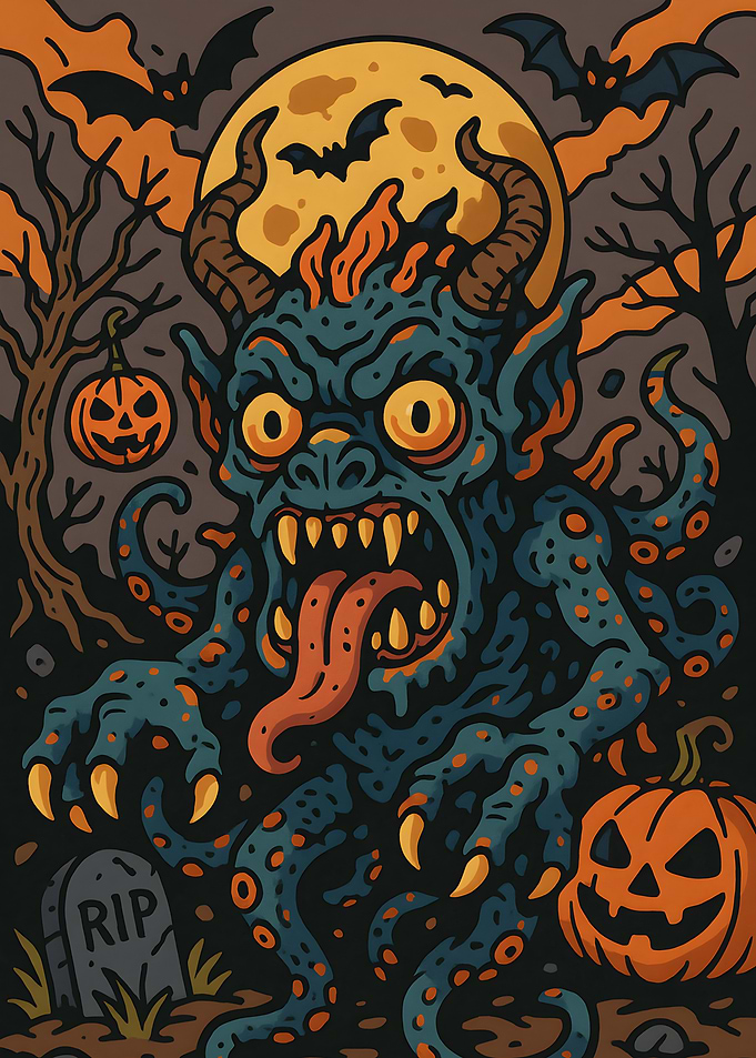 Halloween Monster with Pumpkins and Bats
