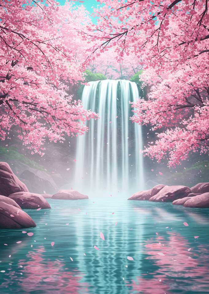 Waterfall and Cherry Blossoms Landscape