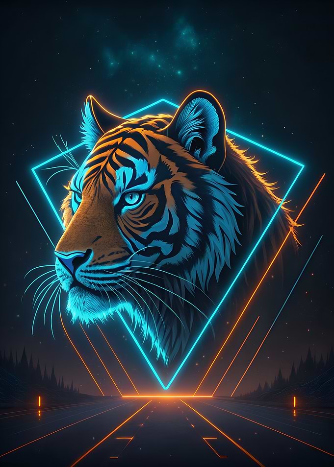 Neon Tiger Portrait on Futuristic Road